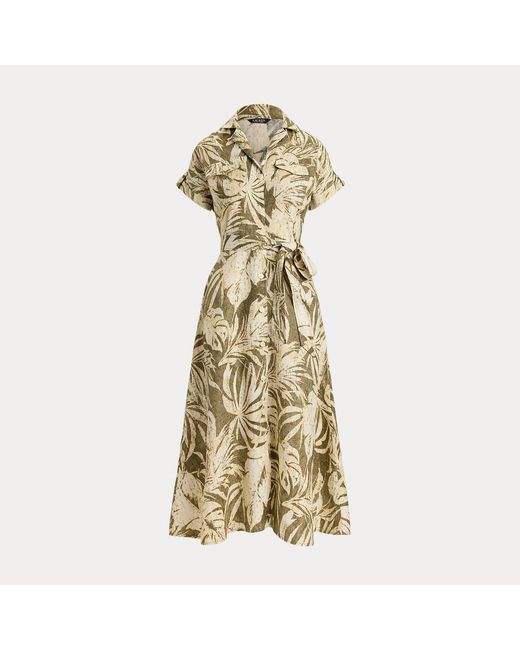 Ralph Lauren Metallic Palm-Frond-Print Linen Camp Shirtdress