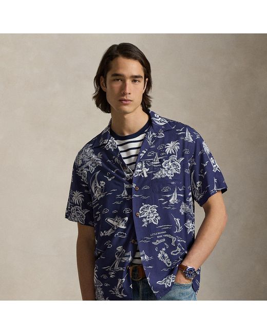Ralph Lauren Blue Classic Fit Polo Bear Camp Shirt for men