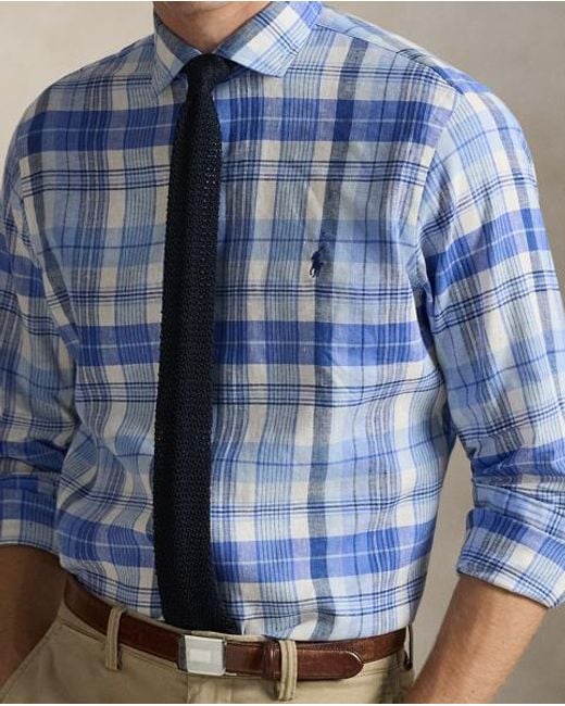 Polo Ralph Lauren Blue Custom Fit Plaid Linen-Blend Shirt for men