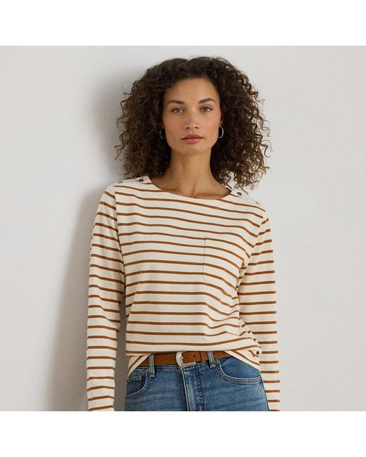 Ralph Lauren Multicolor Striped Jersey Snap-Trim Boatneck Top