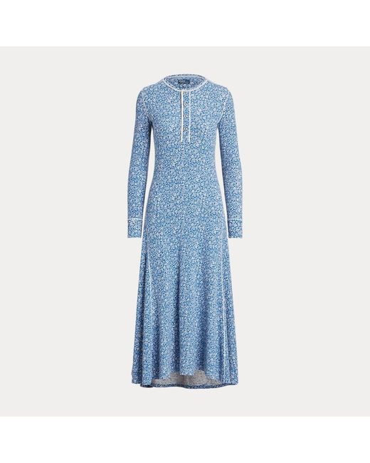 Polo Ralph Lauren Wafelgebreide Henley-jurk Met Bloemen in het Blue