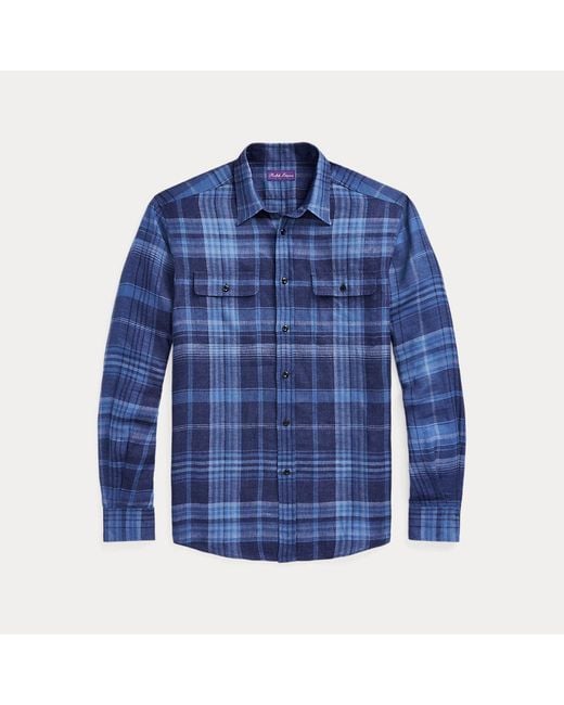 Ralph Lauren Purple Label Blue Plaid Linen Shirt for men