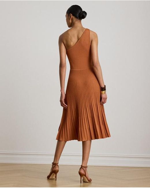 Ralph Lauren Brown Rib-Knit & Pleated One-Shoulder Dress