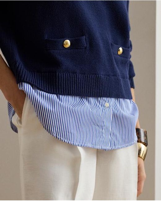 Ralph Lauren Blue Layered Button-Trim Cotton Sweater