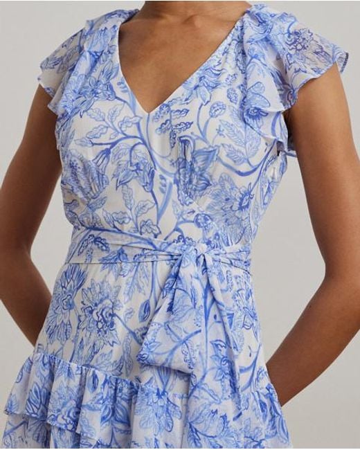 Ralph Lauren Blue Floral Crinkle Georgette Tiered Dress