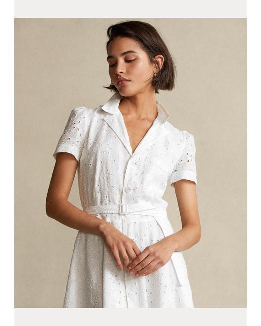 Polo Ralph Lauren Linen Eyelet Belted Dress in White | Lyst UK