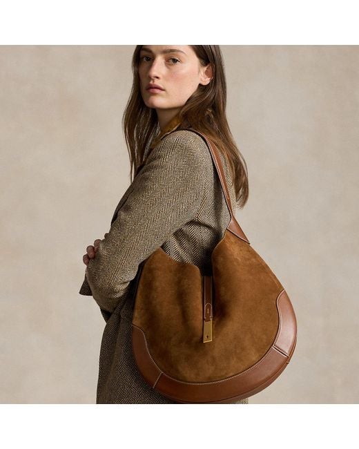 Ralph Lauren Brown Polo Id Suede Large Shoulder Bag