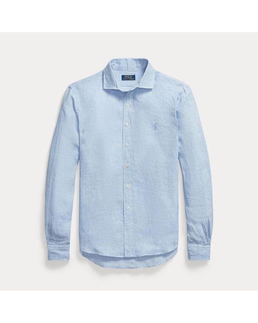 Polo Ralph Lauren Blue Custom Fit Houndstooth Linen Shirt for men