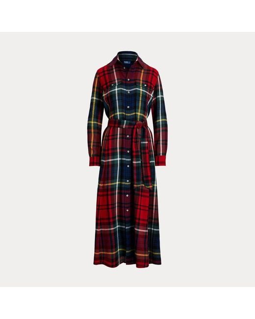 Polo Ralph Lauren Red Belted Plaid Cotton-blend Dress