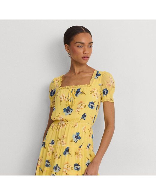 Abito medio a fiori con maniche a sbuffo di Lauren by Ralph Lauren in Yellow