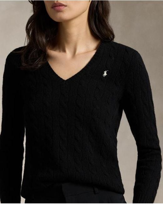 Ralph Lauren Black Cable-Knit Wool-Cashmere V-Neck Sweater