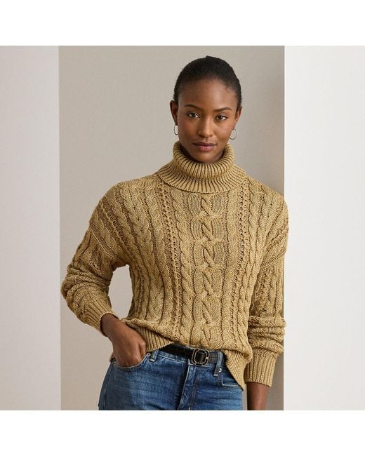 Ralph Lauren Women's Brown Ralph Lauren Metallic Cable-Knit Turtleneck  Sweater