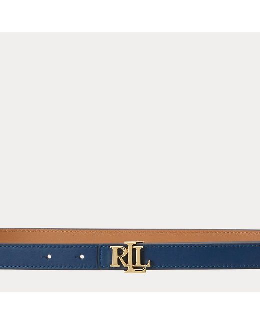 Lauren by Ralph Lauren Blue Logo Reversible Leather Skinny Belt