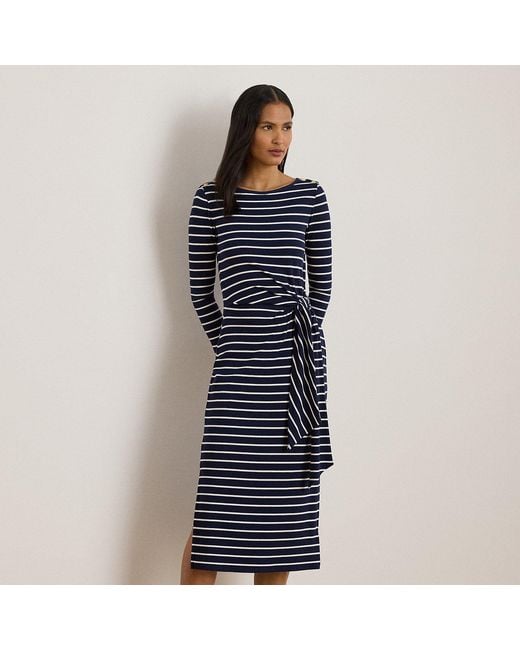 Ralph Lauren Blue Striped Tie-Front Cotton-Blend Dress