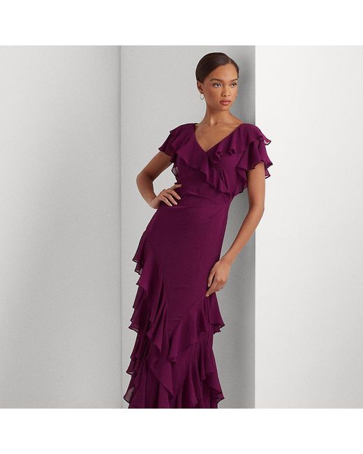 Lauren by Ralph Lauren Purple Ralph Lauren Ruffle-trim Crinkle Georgette Gown