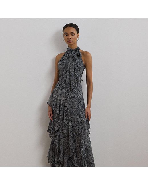 Ralph Lauren Gray Paisley Belted Georgette Tiered Gown