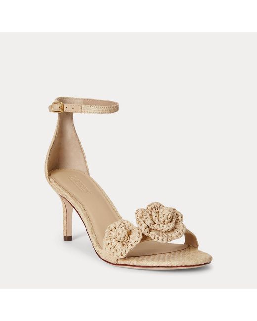 Ralph Lauren Metallic Allie Mid-Heel Floral-Trim Raffia Sandal
