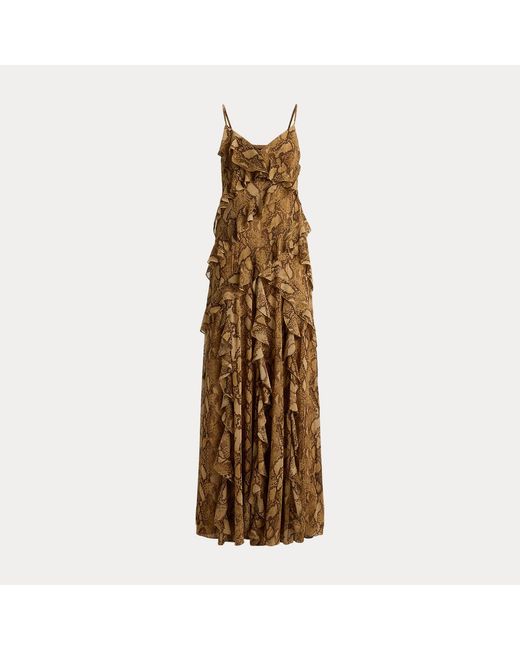 Ralph Lauren Metallic Python-Print Ruffle-Trim Georgette Gown