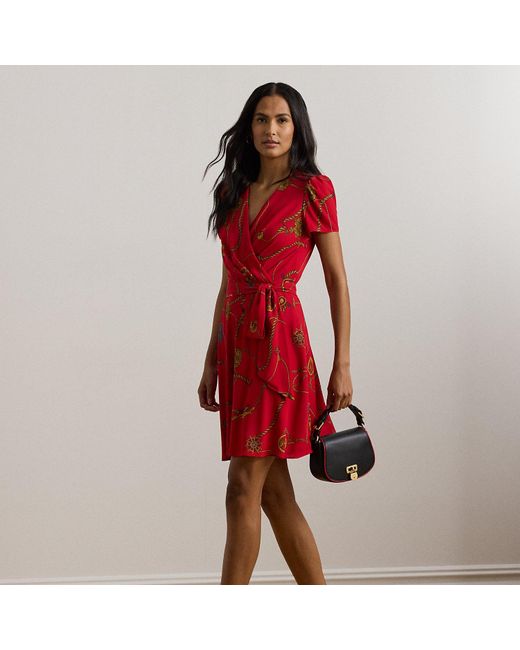 Ralph Lauren Red Print Belted Georgette Puff-Sleeve Dress