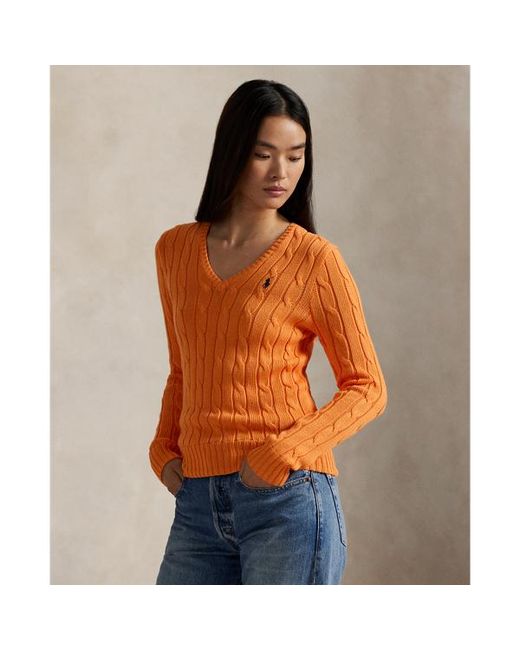 Maglia in cotone a trecce con scollo a V di Polo Ralph Lauren in Orange