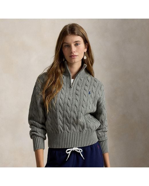 Polo Ralph Lauren Gray Cable-Knit Cotton Quarter-Zip Jumper