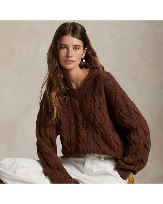 Maglia a trecce in lana e cashmere di Polo Ralph Lauren in Brown