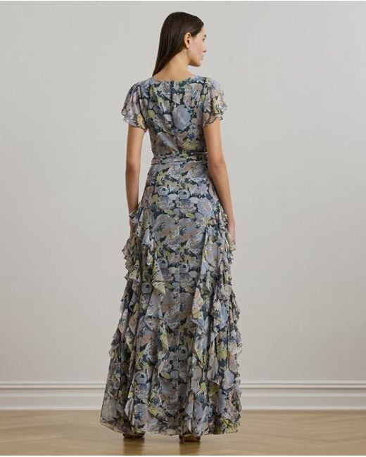 Ralph Lauren Gray Geblümtes Abendkleid Mit Rüschen