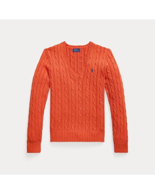 Maglia in cotone a trecce con scollo a V di Polo Ralph Lauren in Red