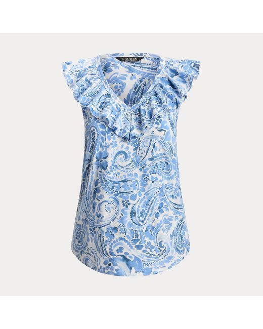 Ralph Lauren Blue Paisley Ruffle-Trim Slub Sleeveless Top