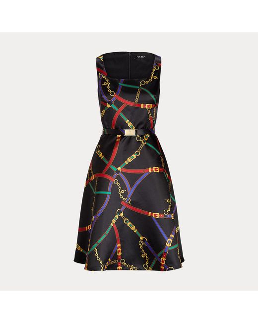 Ralph Lauren Black Print Belted Satin Cocktail Dress