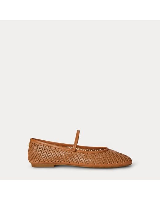 Ralph Lauren Brown Jayna Perforated Leather Mary Jane Flat