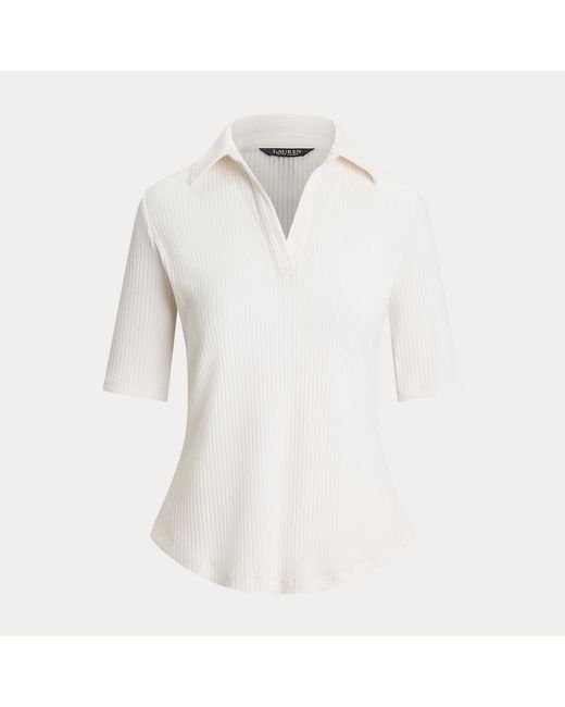 Ralph Lauren White Rib-Knit Elbow-Sleeve Polo Tee