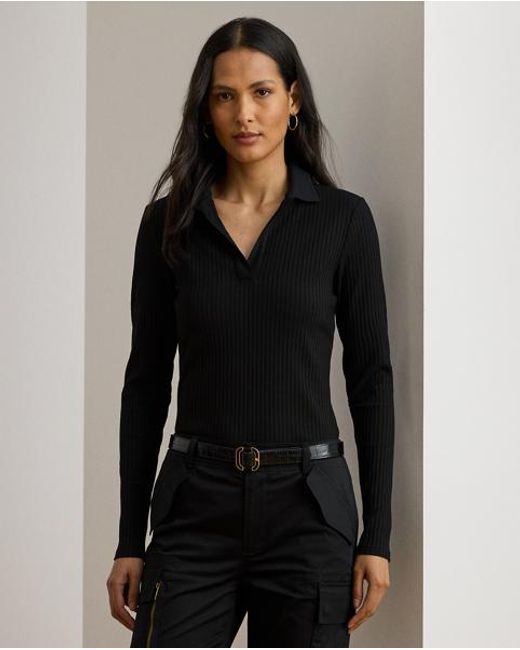 Ralph Lauren Black Langärmliges, Geripptes Polo-Oberteil