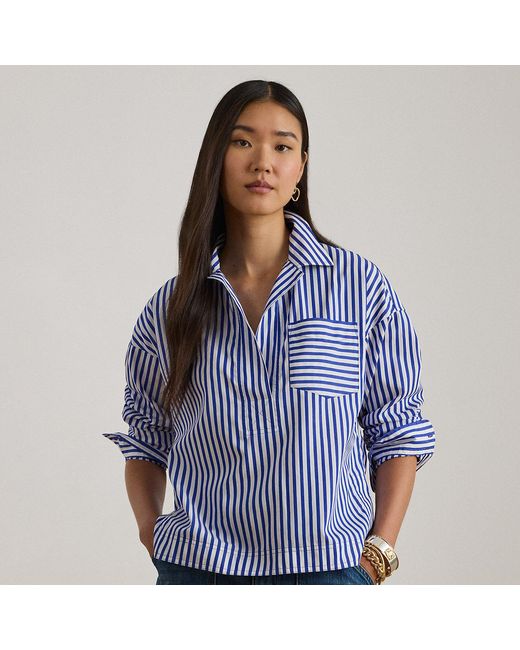 Ralph Lauren Blue Striped Cotton Broadcloth Cropped Shirt