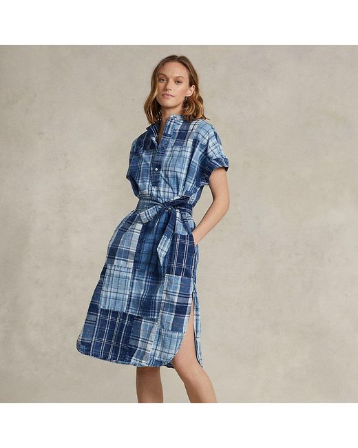 Ralph Lauren Plaidpatchwork Henley Cotton Shirtdress in Indigo