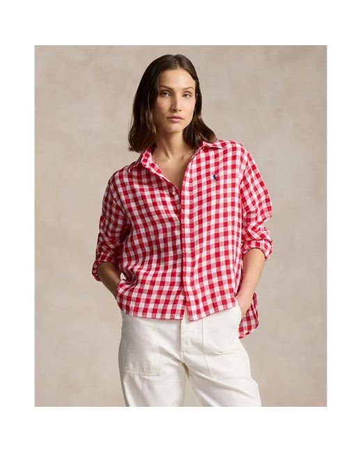Polo Ralph Lauren Red Wide Cropped Gingham Linen Shirt