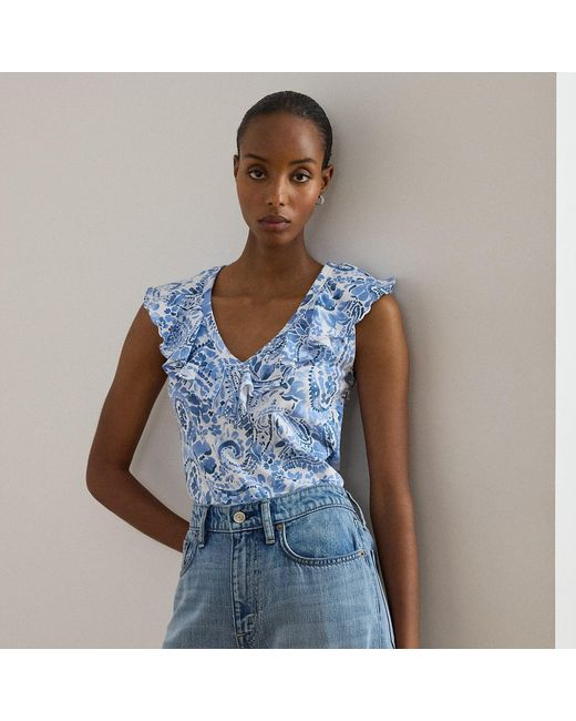 Ralph Lauren Blue Paisley Ruffle-Trim Slub Sleeveless Top