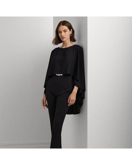 Ralph Lauren Black Belted Cape Georgette Jumpsuit