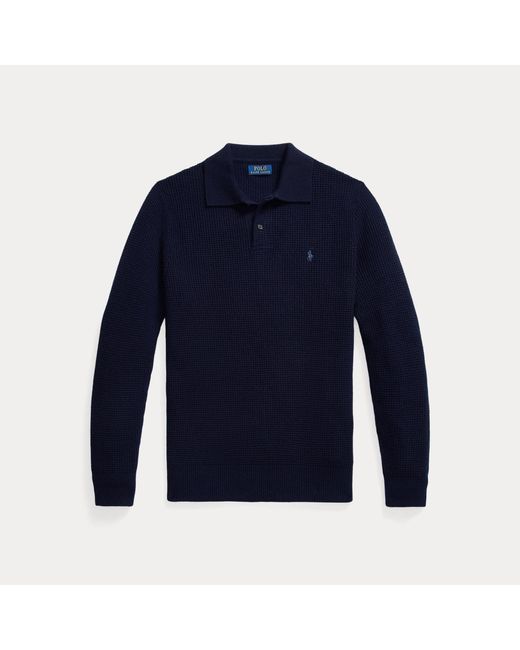 Polo Ralph Lauren Blue Textured Wool-Cotton Polo-Collar Jumper for men