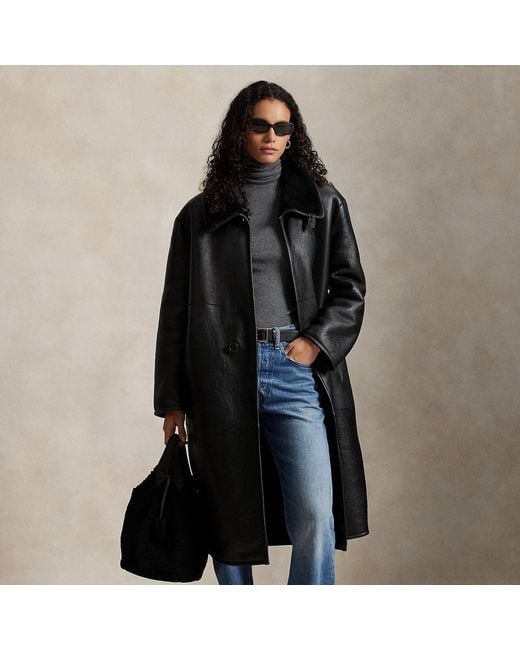 Polo Ralph Lauren Black Oversize Reversible Shearling Wrap Coat