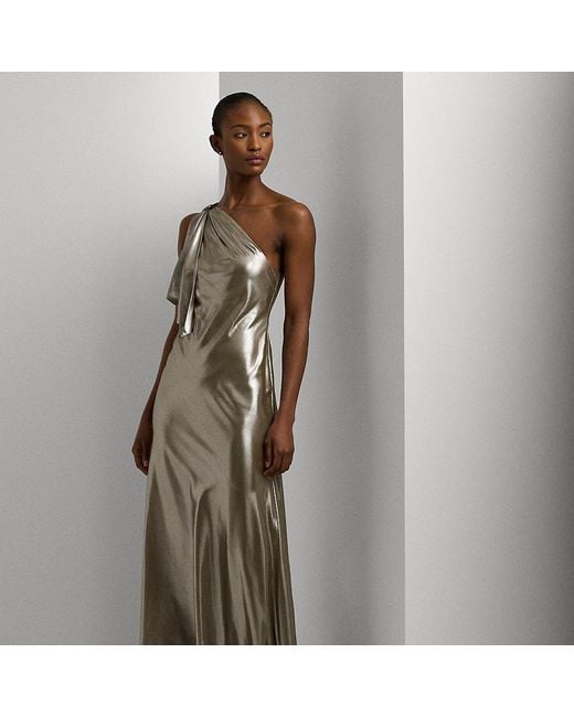 Ralph Lauren Gray Metallic Chiffon One-Shoulder Gown