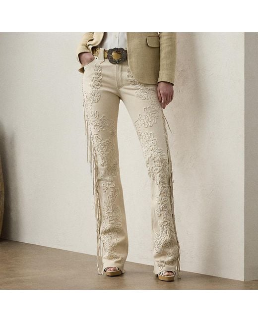 Ralph Lauren Natural Annabeth Embellished Fringe Suede Trous