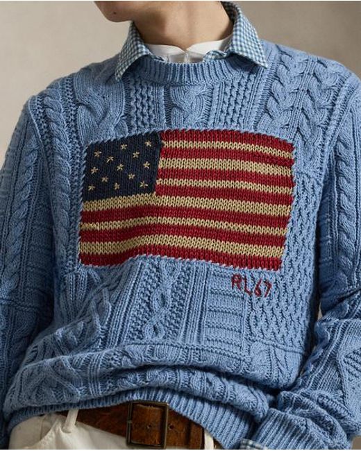 Ralph Lauren Blue Aran-Knit Flag Jumper for men