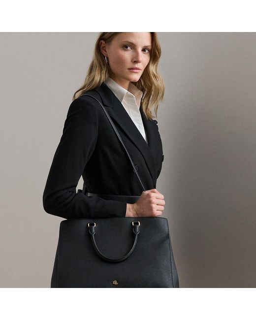Ralph Lauren Black Crosshatch Leather Large Hanna Satchel