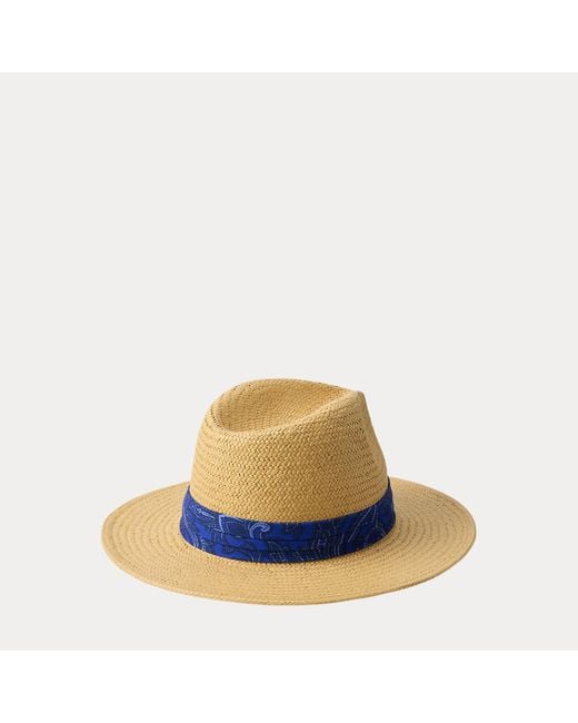 Ralph Lauren Blue Paisley-Scarf-Trim Straw Fedora
