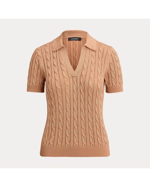 Ralph Lauren Brown Cable Cotton-Blend Short-Sleeve Sweater