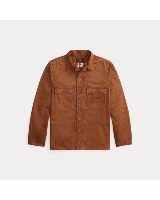 RRL Brown Embroidered Herringbone Twill Overshirt for men