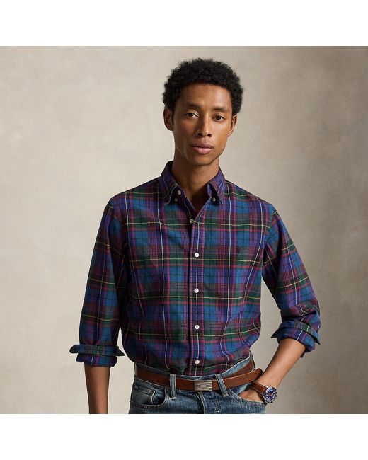 Polo Ralph Lauren Blue Custom Fit Plaid Brushed Oxford Shirt for men