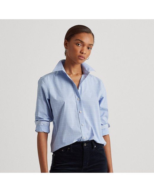 Lauren by Ralph Lauren Easy Care Checked Cotton Shirt in Blue | Lyst