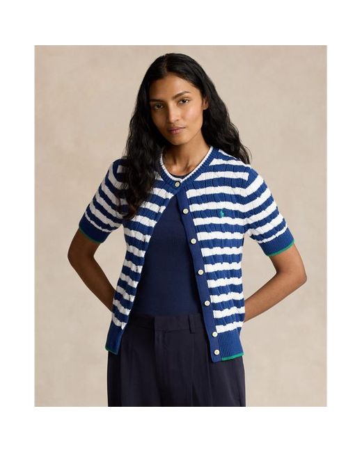 Polo Ralph Lauren Blue Striped Cable-knit Short-sleeve Cardigan
